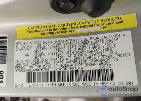 2010 Toyota Tacoma Prerunner V6 z USA, uszkodzony, nr VIN 3TMKU4HN5AM026256